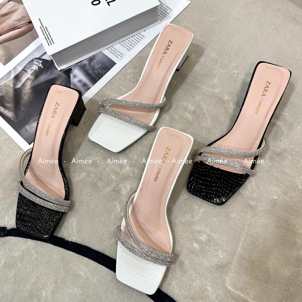 Dép Guốc Da Rắn Bóng Phối Dây Xoàn Đế Vuông 5 Phân Thiết Kế Khá Bắt Mắt Với Phần Dây Nổi Bật Tạo Cảm Giác Thon Gọn Đôi C