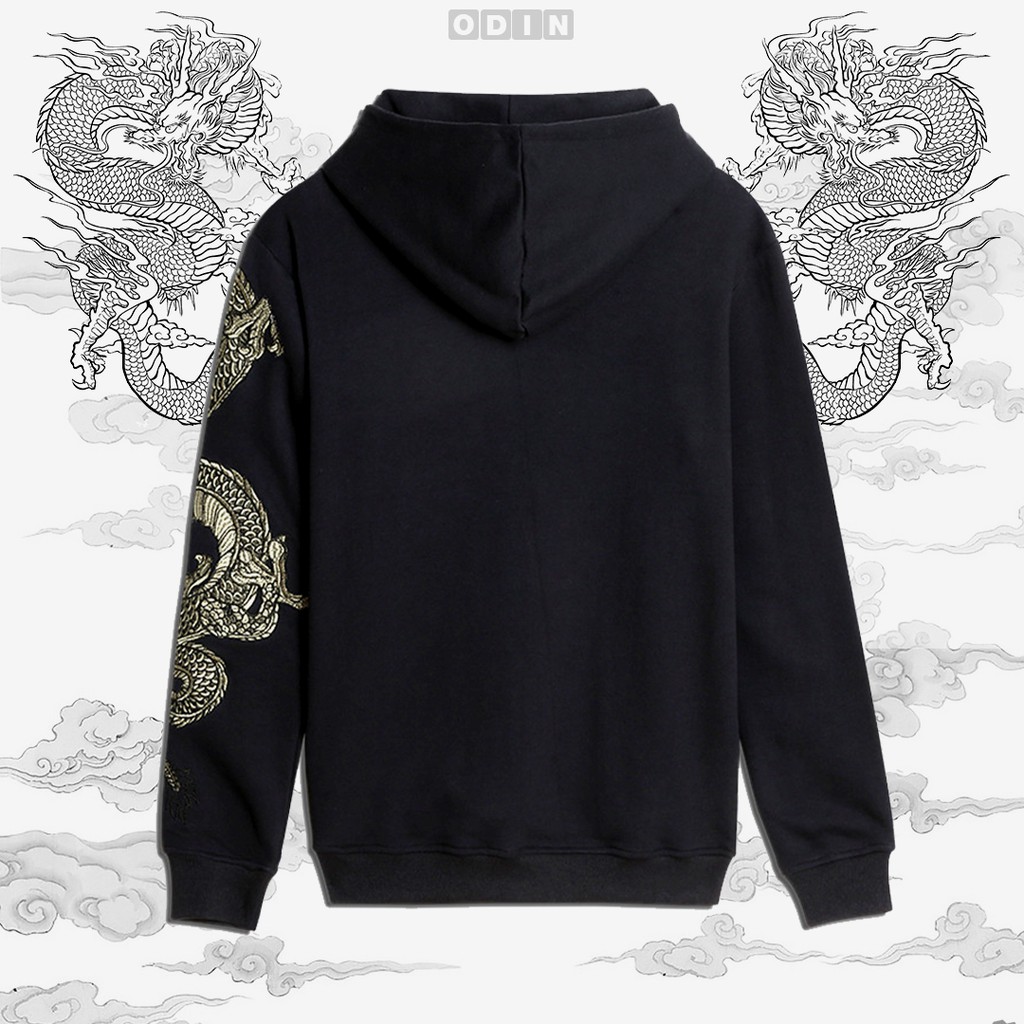 [HOODIE THÊU] ÁO HOODIE NỈ THU ĐÔNG THÊU - ÁO HOODIE ĐEN NỈ THÊU HÌNH RỒNG