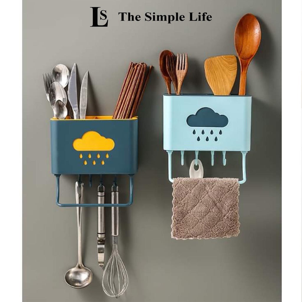 Ống đựng đũa treo tường, ống đũa nhựa dán tường 2 ngăn chắc chắn có móc treo hình mây dễ thương cao cấp [CHÍNH HÃNG]