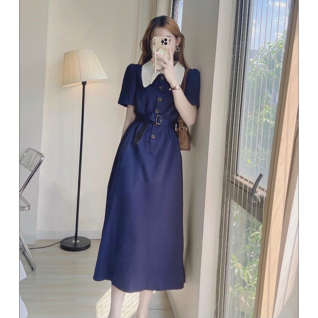 Đầm midi tay ngắn, váy midi dài xanh cổ peter trắng phối nịt siêu xinh đi chơi đi du lịch hẹn hò đều xinh Tây Thi Shop | BigBuy360 - bigbuy360.vn