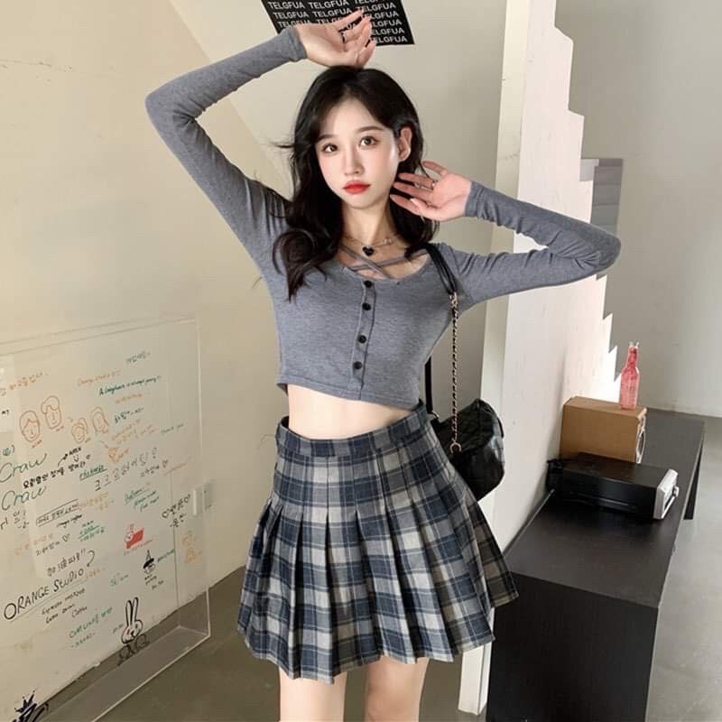 Set áo dây chéo ngực kèm chân váy tennis kẻ (Ảnh thật/ Video