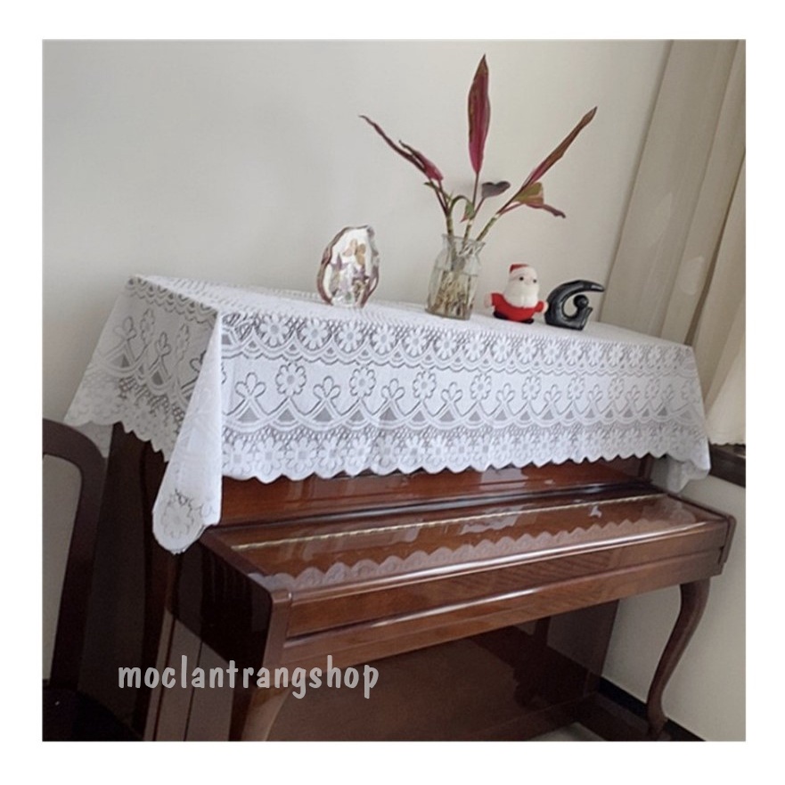 Khăn phủ đàn piano cơ điện, organ điện tử, phủ guzheng họa tiết hoa nhí vải ren nhung cao cấp màu trắng