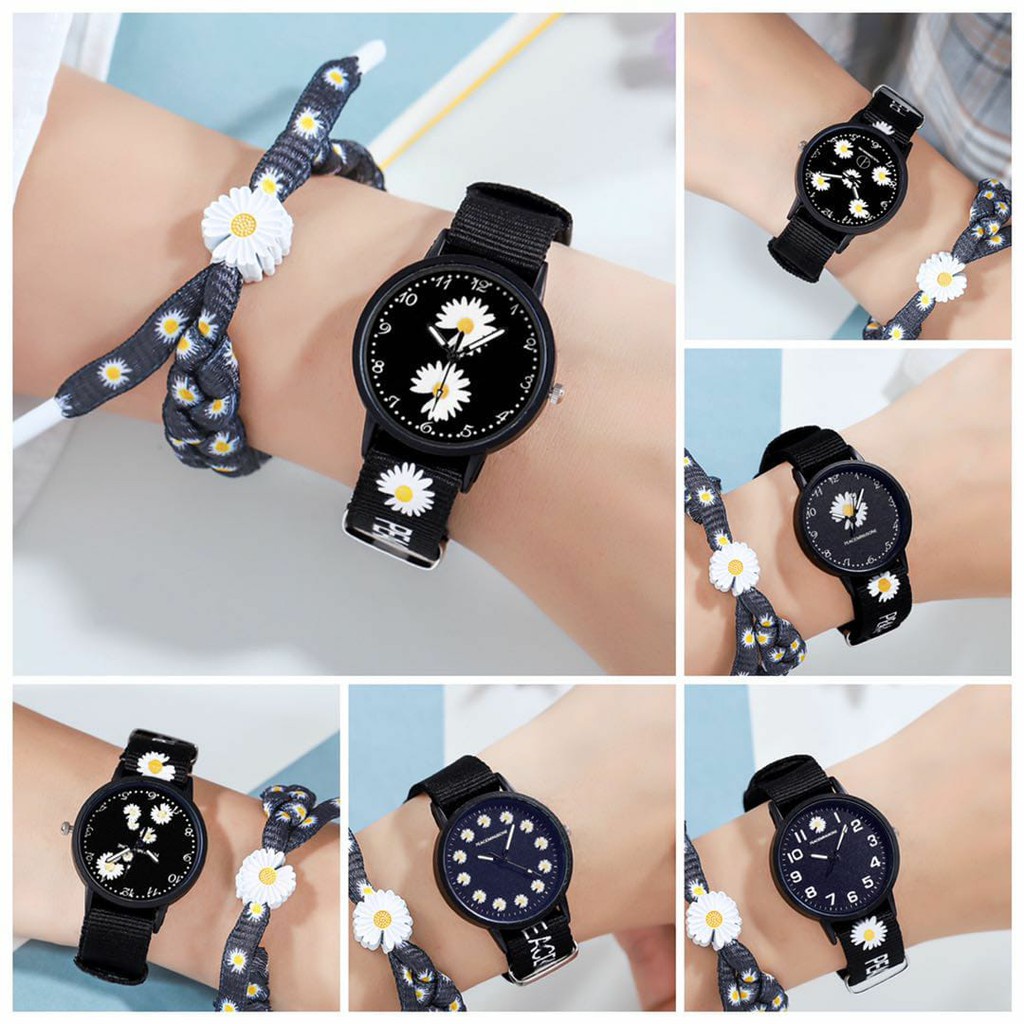 Đồng Hồ Đeo Tay Thạch Anh Nhỏ Elagan Chống Thấm Nước Dây Đeo Nylon Đính Hoa Cúc Nhỏ Cho Nữ Tuổi Teen