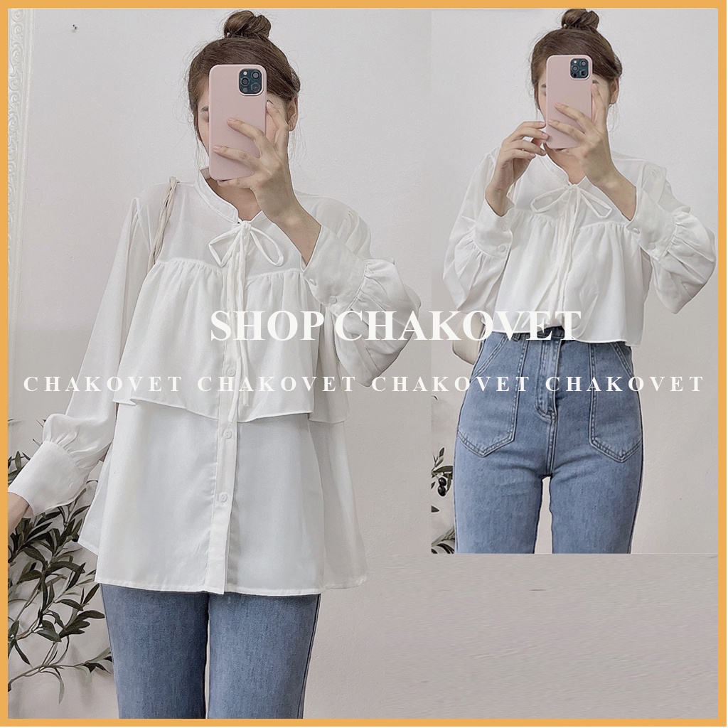 Áo sơ mi nữ trắng dài tay form rộng CKA881, kiểu áo nữ cổ tàu đẹp thiết kế cách điệu thắt nơ cổ phong cách hiện đại