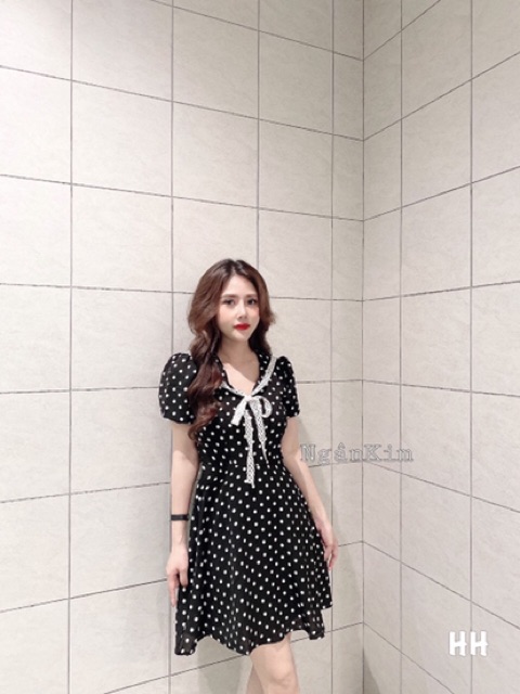 Váy chấm bi cổ phối ren nơ cho nữ