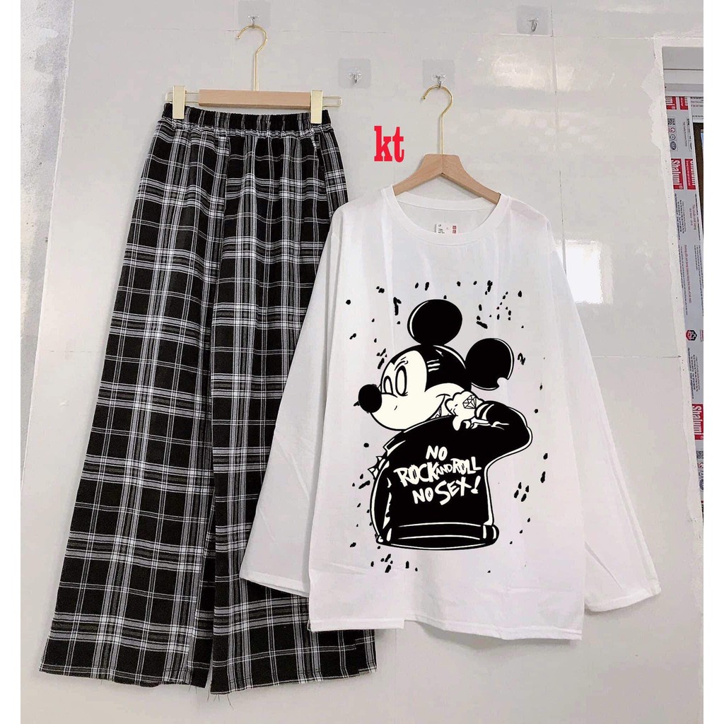 Sét áo micky + quần kẻ ống rộng KTH1120