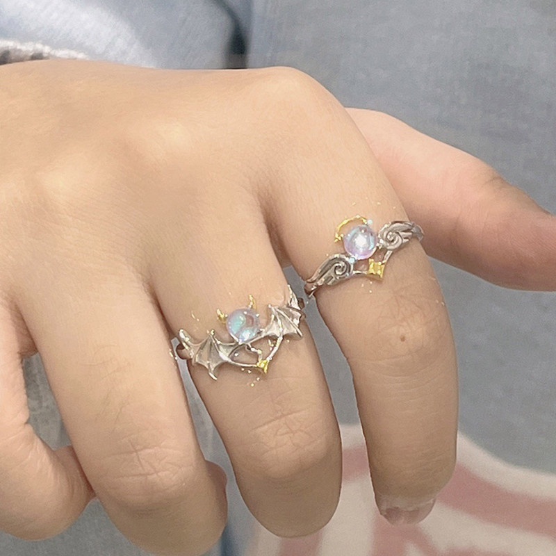 Nhẫn Mạ Bạc 925 Mặt Hình Thiên Thần Đính Đá Mặt Trăng Thời Trang Cho Nữ