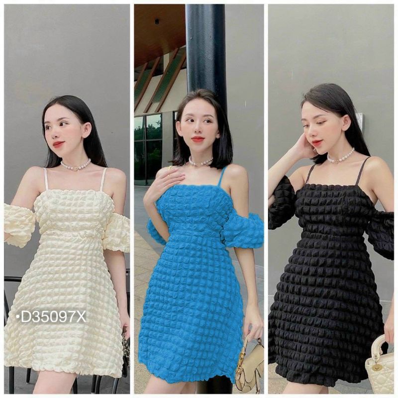 Đầm 2 Dây Babydoll Ulzzang Váy Xốp Trễ Vai Form Rộng Tay Bồng Tiểu Thư D35097X