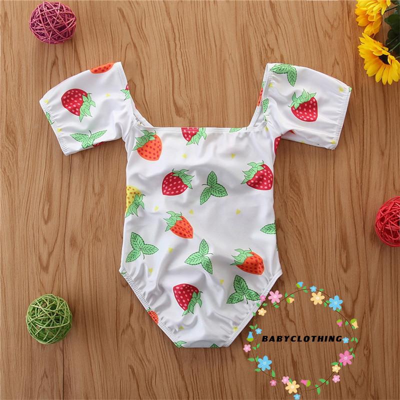 ღWSVღBaby Girl Strawberry Print One-Piece Toddler Swimsuit Short Sleeve Bow Hollow Swimsuit