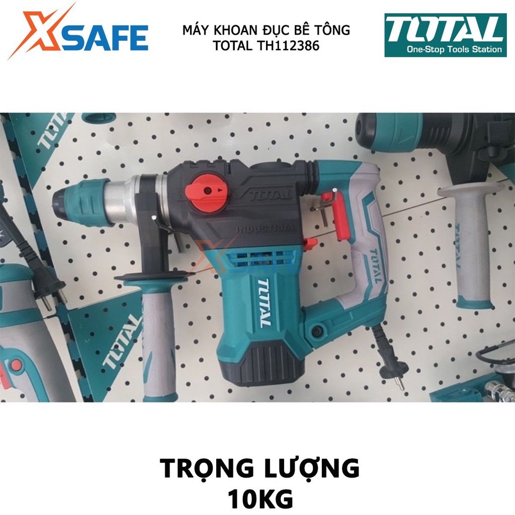 Máy khoan búa cầm tay TOTAL TH112386 1200W chống rung, tốc độ 760rpm, tốc độ đập 1950-4860bpm, khoan bê tông 38mm -xsafe