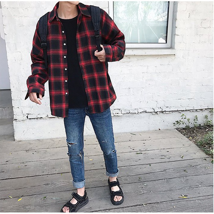 Áo sơ mi Flannel sọc caro đỏ đen không in, áo khoác sơ mi caro nam nữ đều mặc được