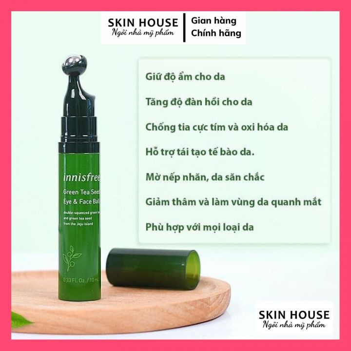 Lăn Dưỡng Mắt Innisfree - Kem dưỡng mắt có thanh lăn massage mắt Innisfree Green Tea Seed Eye &amp; Face Ball 10ml