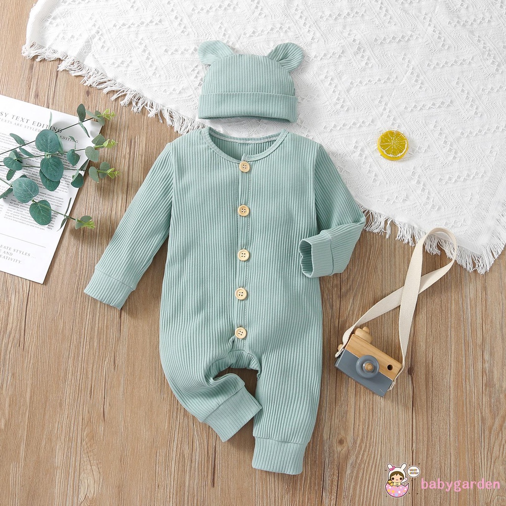 Áo liền quần dài tay cổ tròn màu trơn kèm mũ thời trang xuân thu cho bé trai 0-24 tháng