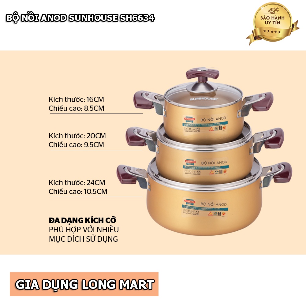 BỘ NỒI ANOD SUNHOUSE SH6634 CHẤT LIỆU NHÔM DÙNG BẾP GAS, BẾP HỒNG NGOẠI, HÀNG CHÍNH HÃNG, BH 12 THÁNG