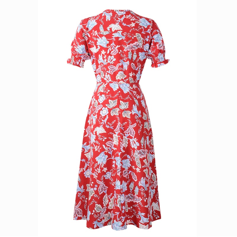 Đầm Midi Dáng Chữ A Tay Ngắn Phồng Cổ Chữ V In Họa Tiết Hoa Phong Cách Boho Thời Trang Cho Nữ