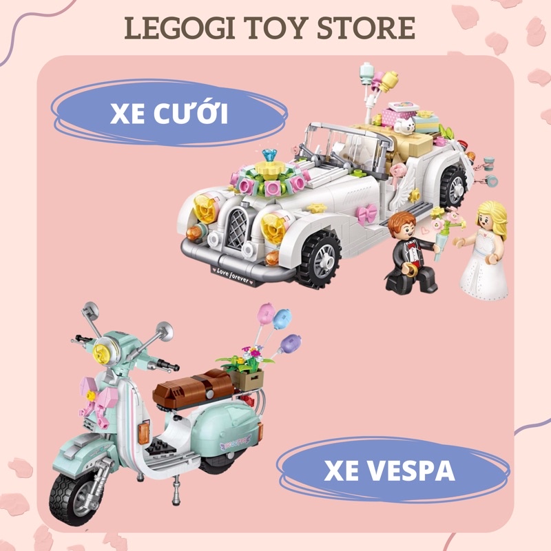 Đồ chơi xếp hình Legogi Xe cưới Xe máy Vespa 670 mảnh ghép mô hình Loz Mini 1119 1117 mô hình trưng bày trang trí