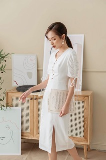 Đầm cổ tim phối nút trắng - đỏ ( Kèm hình chụp thật 100%)