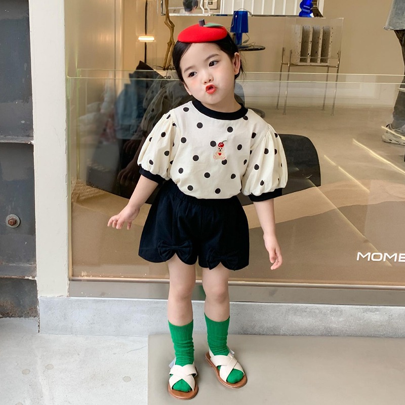 Áo Thun Ngắn Tay Thêu Họa Tiết Chấm Bi Dễ Thương Cho Bé Gái