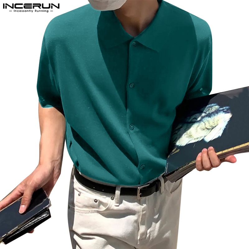Áo sơ mi INCERUN tay ngắn màu trơn cài nút thời trang lịch lãm cho nam
