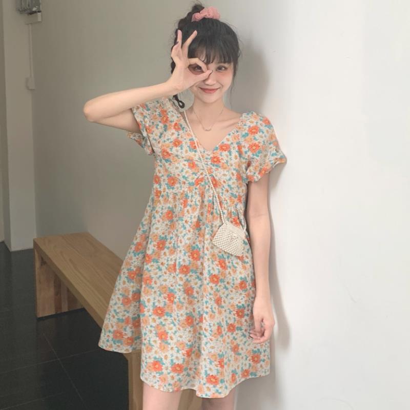 Đầm tay phồng cổ chữ V phong cách Pháp thanh lịch thời trang