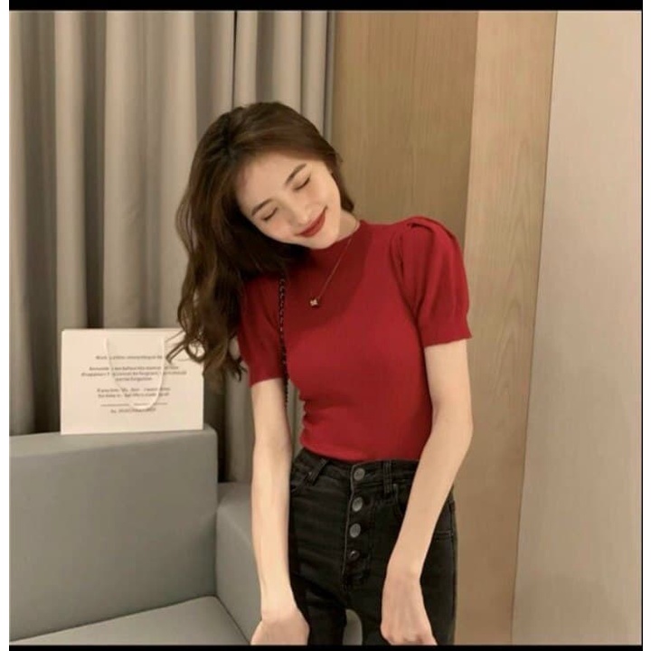 Áo len cộc tay nữ chất len mềm co giãn mặc phối với quần,chân váy đều xinh