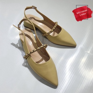 Giày sandal cao gót slingback nữ 3cm màu trắng, đen, vàng da lì mũi nhọn hở gót quai xích mảnh 152453 QC cao cấp