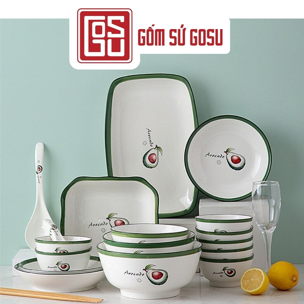 Bộ bát đĩa sứ Gosu 21 món họa tiết quả Bơ dễ thương, chén đĩa dày dặn, men sáng đẹp