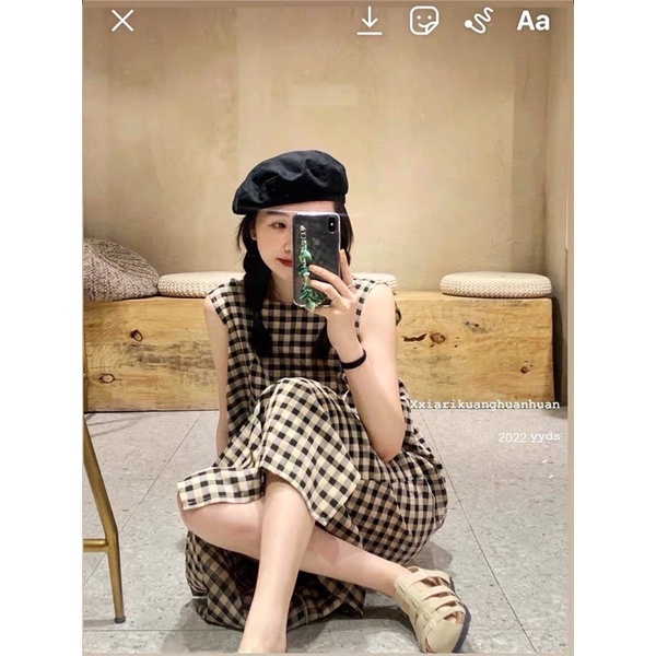 Váy ba lỗ kẻ sọc caro suông dài cổ hở rộng sau lưng style vintage Hàn Quốc điệu đà