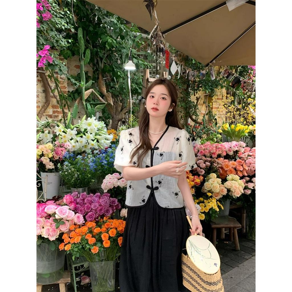 Xiaozhainv Set Áo Sơ Mi Tay Phồng Cài Nút + Chân Váy Chữ A Lưng Cao Phong Cách Trung Hoa Cổ Điển Thời Trang Cho Nữ