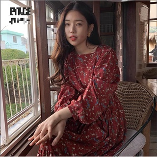   HÀNG SẴN  Váy dài tay MORAN voan hoa nhí màu đỏ vintage điệu đà Hàn Quốc mùa thu - Kèm ảnh thật tự chụp  VHD19 