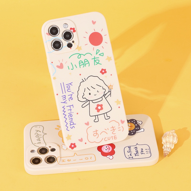 Ốp lưng iphone cạnh vuông hình vẽ cute dành cho iphone 6 đến 14promax - E83