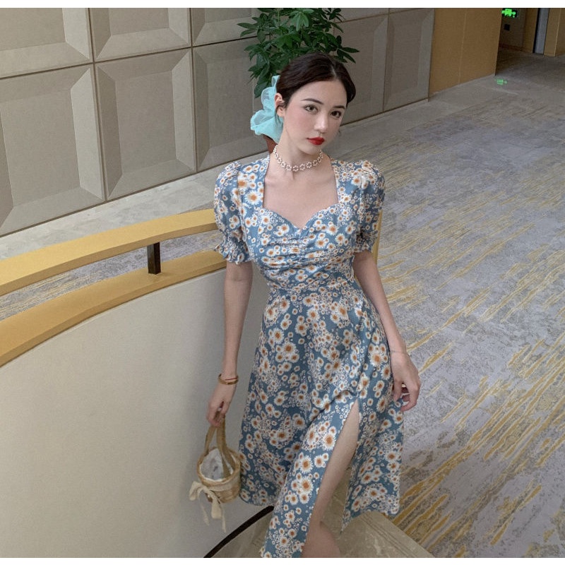 Plus Váy hoa cúc Tay Phồng Chiết Eo Thời Trang Mùa Hè Dành Cho Nữ Dưới 100kg