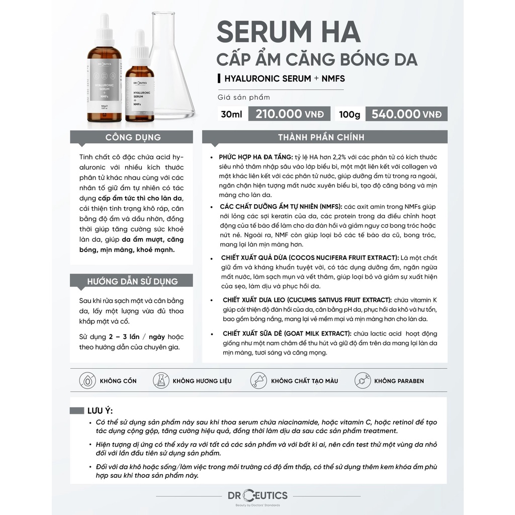 Tinh chât Serum HA Drceutics Cấp Ẩm Và Căng Bóng Da Hyaluronic Acid + NMFs 30ml - Thi Vũ
