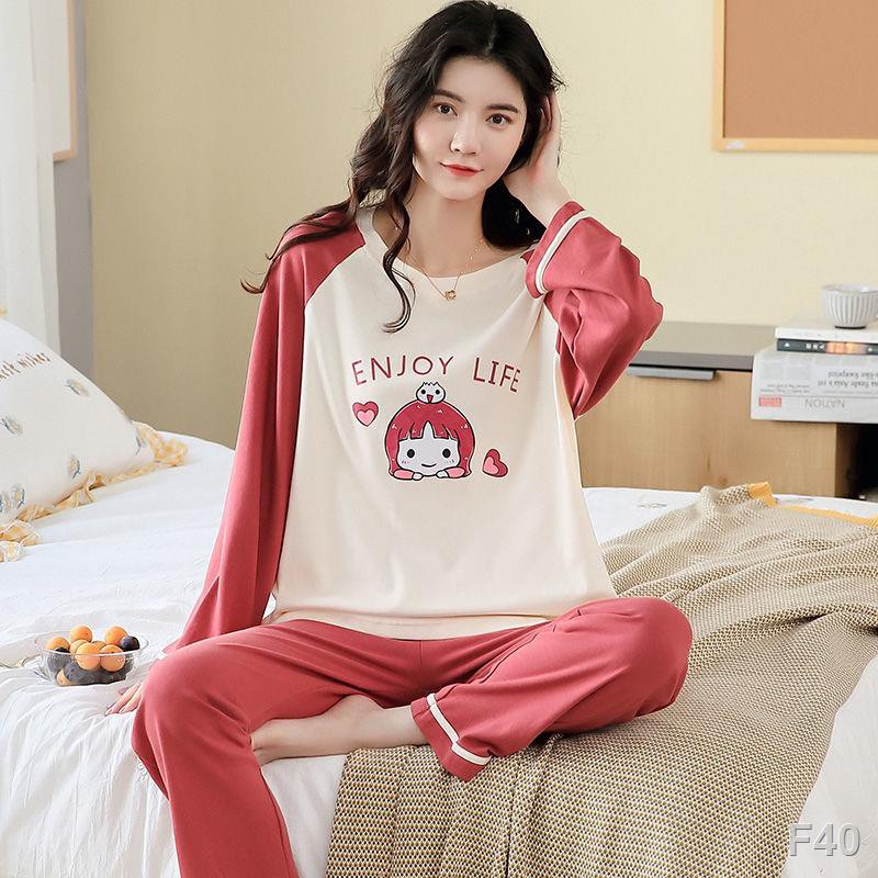 pyjama nữ cotton dài tay quần dễ thương hai mảnh mỏng phục vụ ở nhà áo thường mặc bên ngoàiG