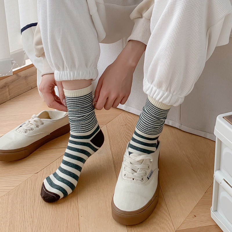 Vớ WAFNHA D380 vải cotton kẻ sọc phong cách Hàn Quốc cho nữ