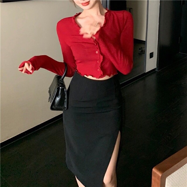 Áo croptop dài tay nút bèo (al)