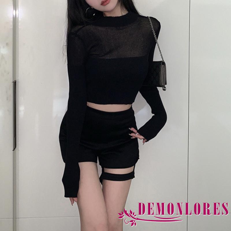 Áo Thun Tay Dài Cổ Tròn Hở Rốn Phối Lưới Thời Trang Phong Cách Hàn Quốc Cho Nữ