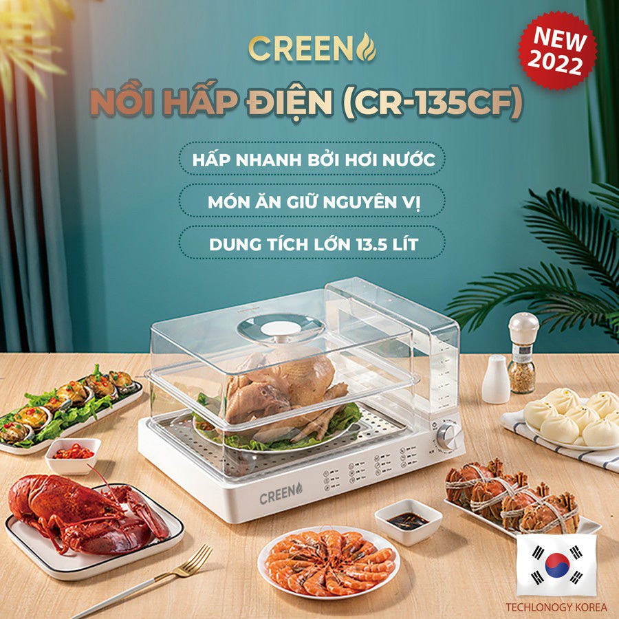 Nồi hấp điện CREEN CR-135CF dung tích 13.5L - Nồi hấp 2 tầng thông minh, giữ nhiệt