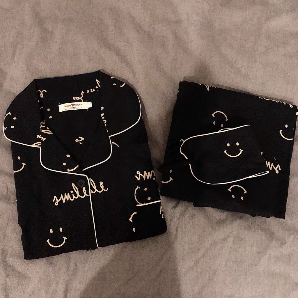 Bộ đồ ngủ tay dài dáng rộng màu đen phong cách Nhật Hàn thời trang thu đông cho nữ