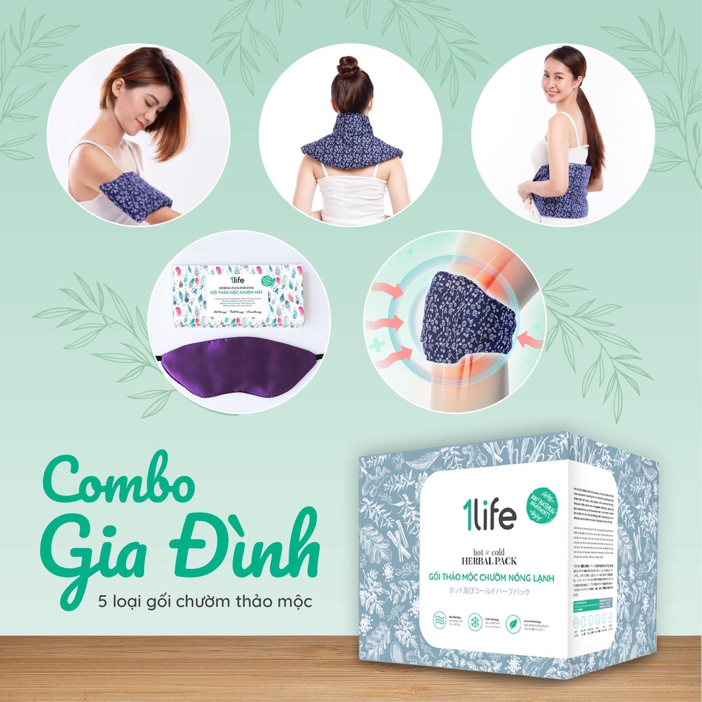 Combo chăm sóc sức khỏe gia đình: 5 GỐI CHƯỜM THẢO MỘC (Gối cơ bản, Gối cổ vai gáy, Gối lưng bụng, Gối mắt, Túi đầu gối)