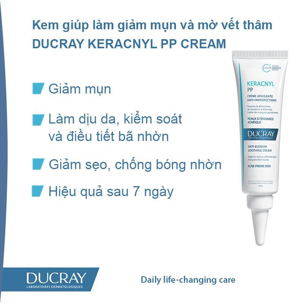 Kem dưỡng Ducray Keracnyl PP Anti-Blemish Soothing Cream 30ml giúp làm giảm mụn, mờ vết thâm