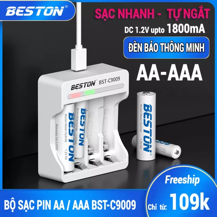 Bộ Sạc Pin AA, AAA C9009 Beston Tự ngắt khi đầy Sạc Tốc Độ Cao Có Led báo trạng thái sạc Kèm pin sạc