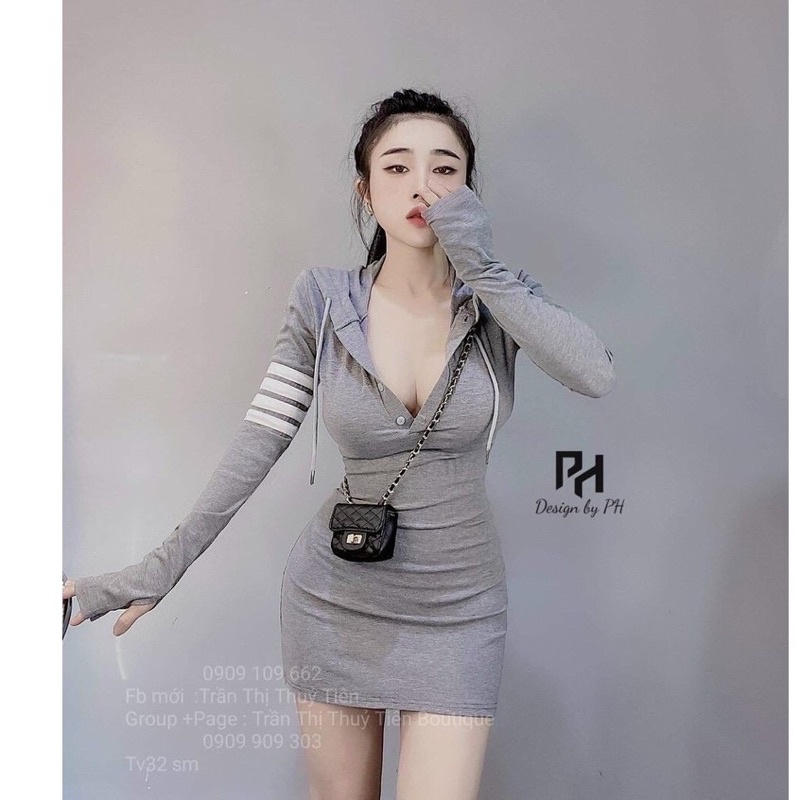 Đầm body tay dài nón phối sọc thể thao cá tính chất len tăm co giãn thoải mái 2 màu đen xám M003