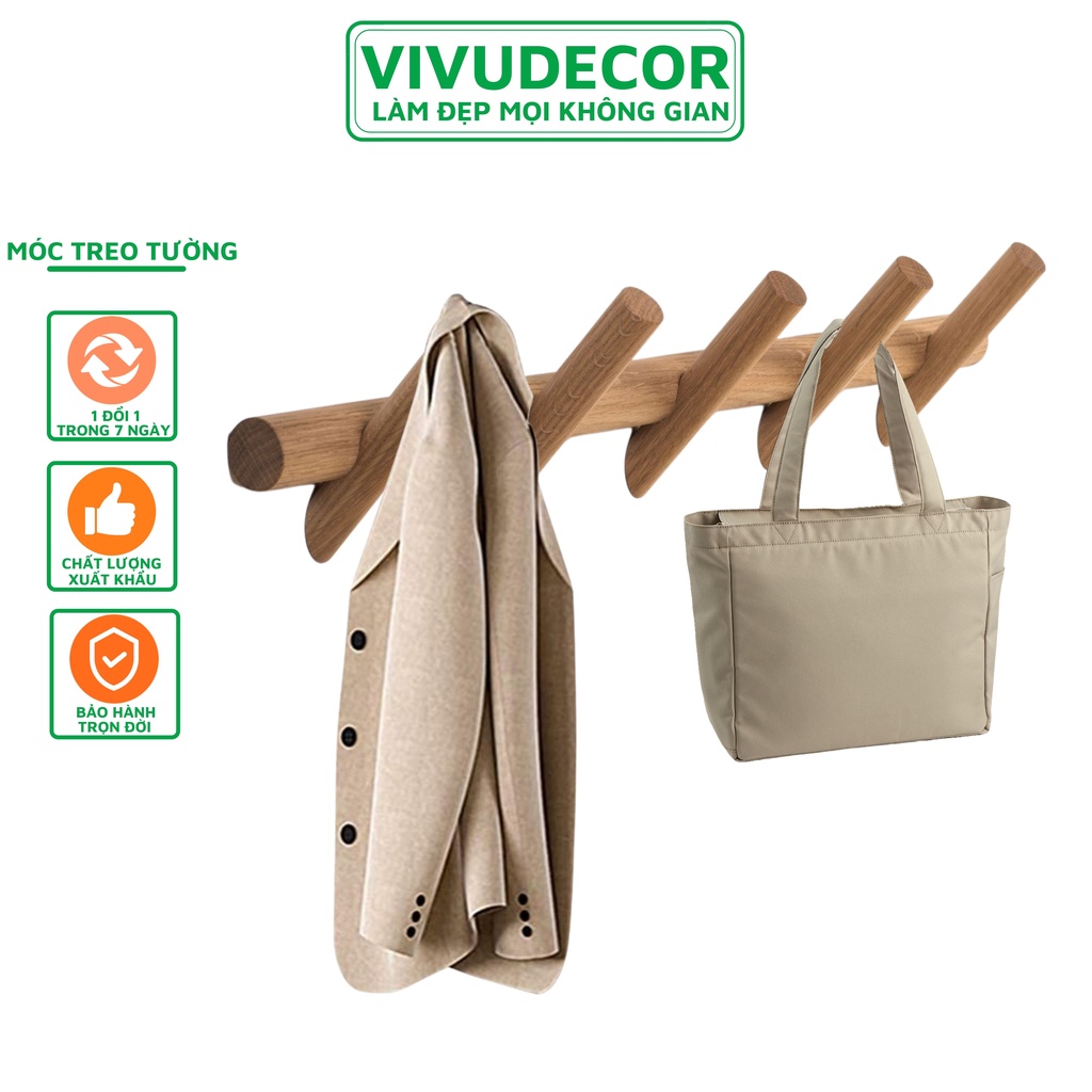 Móc treo quần áo Vivudecor 100% gỗ tự nhiên - móc treo tường trong nhà tắm, nhà bếp, cánh cửa tiện ích sang trọng