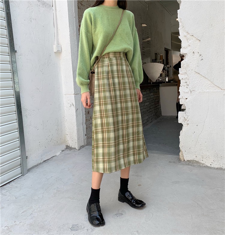 Long skirt / skirt / plaid skirt women / Korean style high waist mid-length retro Hong Kong flavor a-line skirt / A-line skirt / | BigBuy360 - bigbuy360.vn