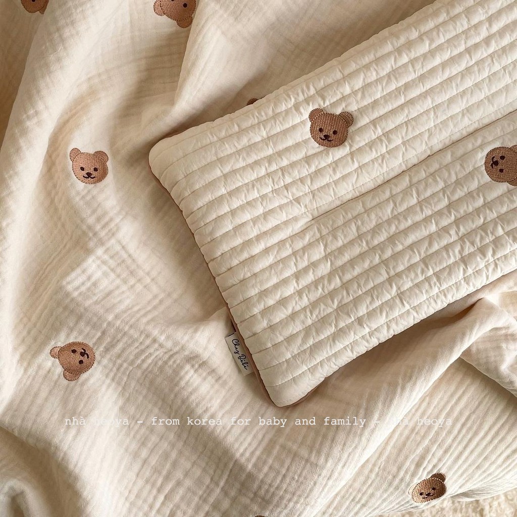 GỐI NẰM CHỮ NHẬT GỐI ÔM QUILTING THÊU GẤU THỎ CHEZBEBE HÀN QUỐC