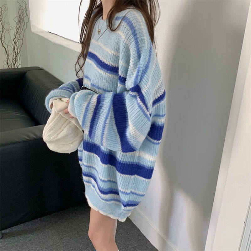 Áo sweater Dáng Rộng Họa Tiết Kẻ Sọc Phong Cách Hàn Quốc Thời Trang Cho Nữ