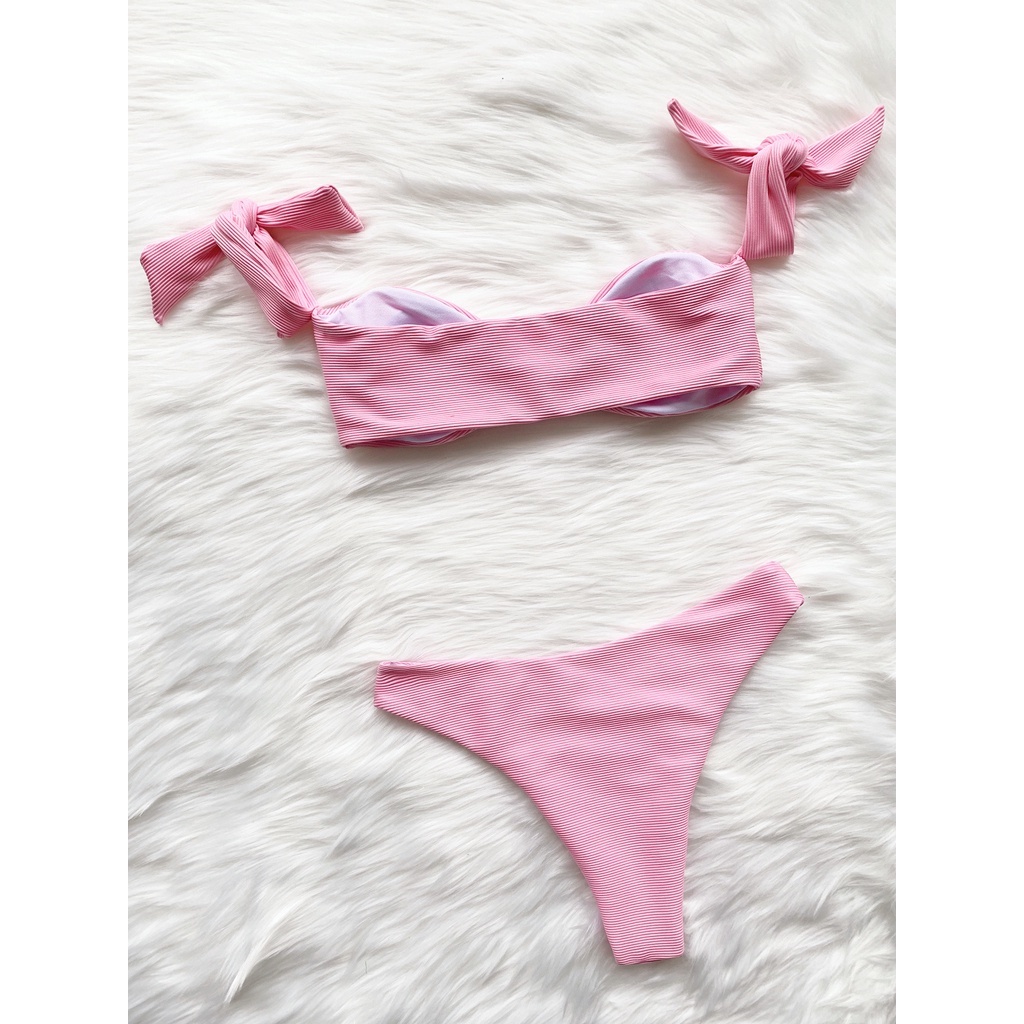 [BKN1552] &lt;ÂU&gt; SET BIKINI HỒNG BABY VẢI GÂN NƠ TAY