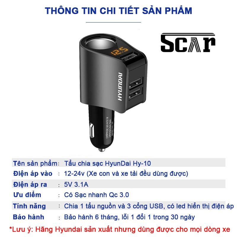 Tẩu Sạc ô tô QC 3.0 - Tẩu chia sạc chính hãng Hyundai HY-10 dùng được cho mọi loại xe