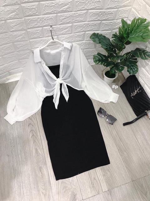 Set Váy hai dây xẻ đùi mix Áo sơ mi buộc vạt⚡ảnh thật | BigBuy360 - bigbuy360.vn